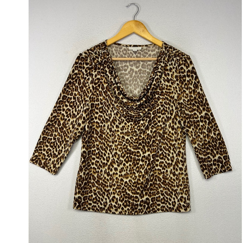 Mobwife Charter Club Women L Brown Leopard Cowl Neck Gold Chain 3/4 Sleeve Top